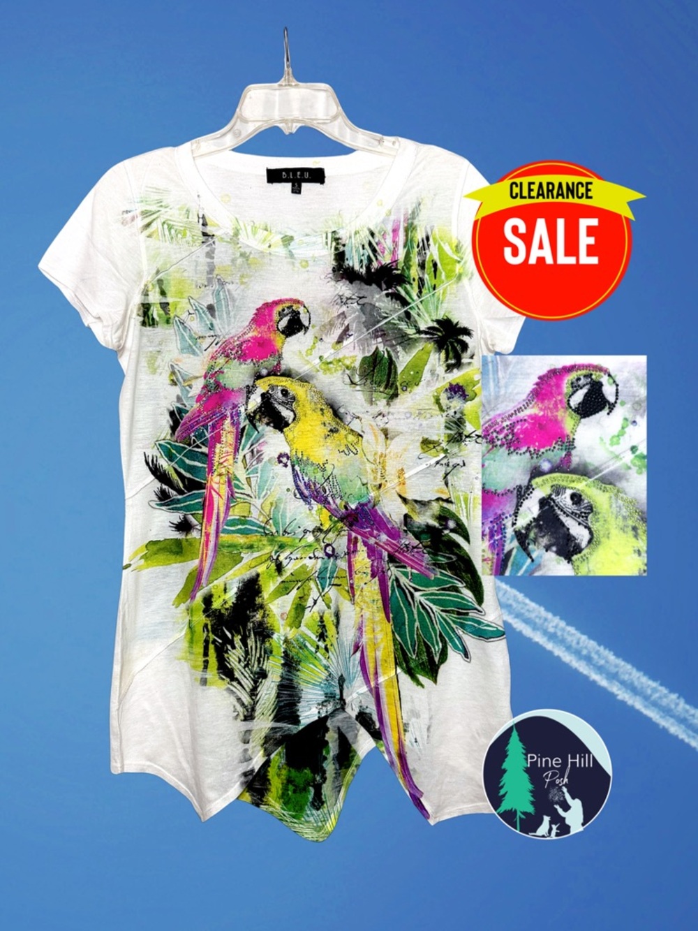 B.L.E.U. Parrot T-Shirt Top Sz Small Rhinestones Handkerchief Hem Sheer Tropical